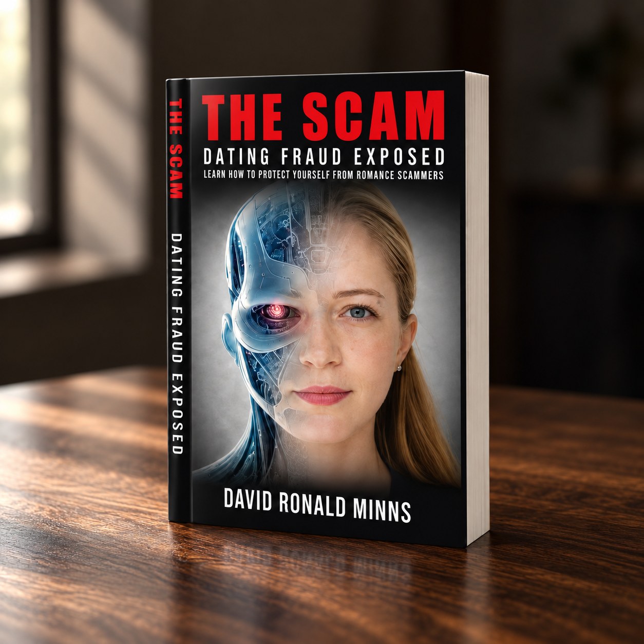 THE SCAM: Dating Fraud Exposed by David Ronald Minns, shown on a dark wood table