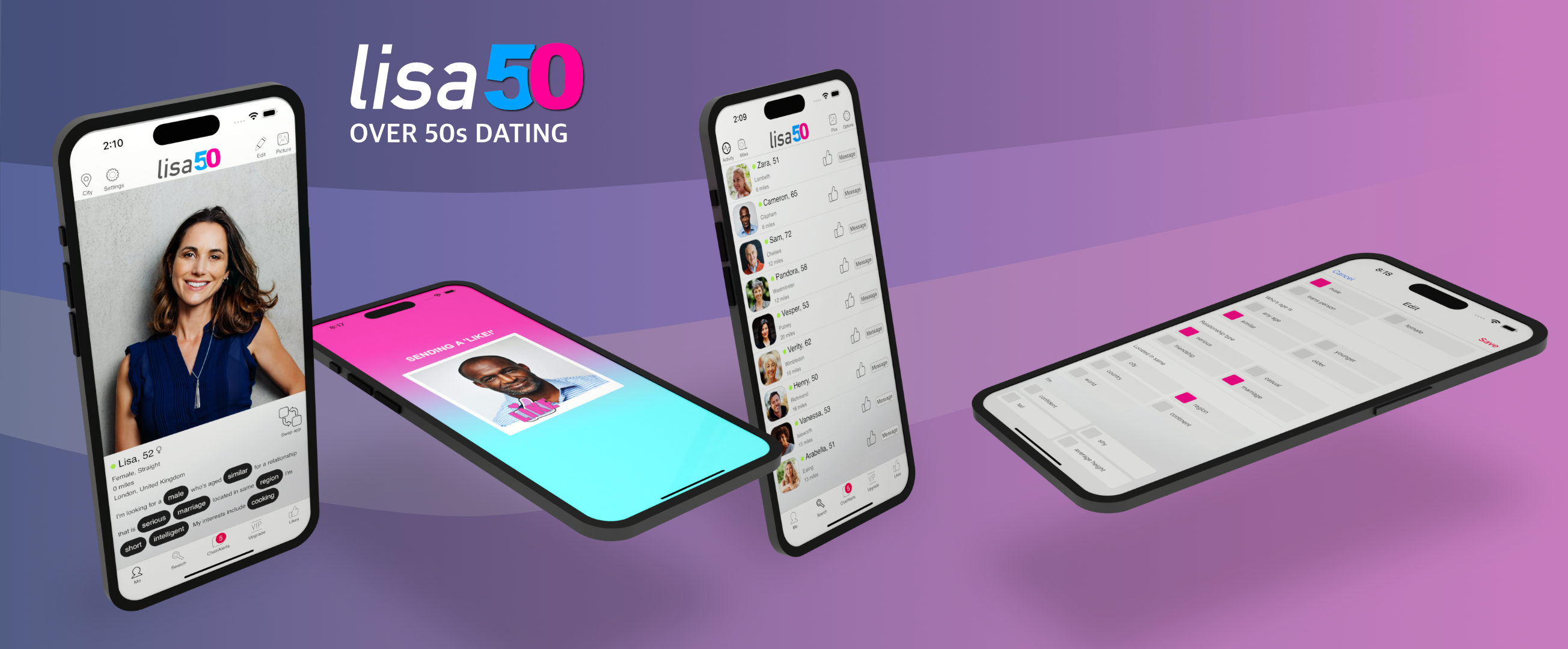 Lisa50-Dating-App mit einem Mitgliederprofil, dem Senden eines LIKE, der Personenliste und der Profilbearbeitung